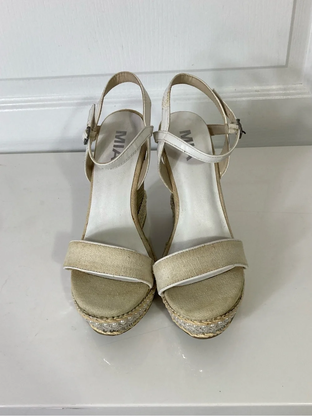 MIA Espadrilles Women 8 Strappy Wedge Pearls Sequins Cream Sandals